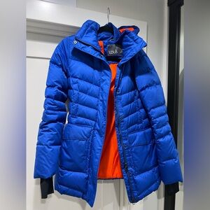 Lole Vibrant Blue Jacket with Bold Orange Interior and removable hood.